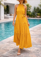 Women's Polka Dot Tiered Maxi Dress – Halter Neck Belted Summer Dress