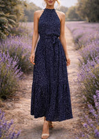 Women's Polka Dot Tiered Maxi Dress – Halter Neck Belted Summer Dress