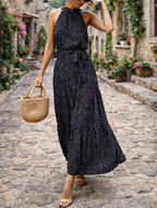 Women's Polka Dot Tiered Maxi Dress – Halter Neck Belted Summer Dress