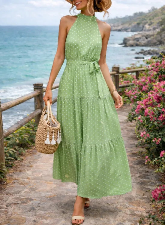 Women's Polka Dot Tiered Maxi Dress – Halter Neck Belted Summer Dress