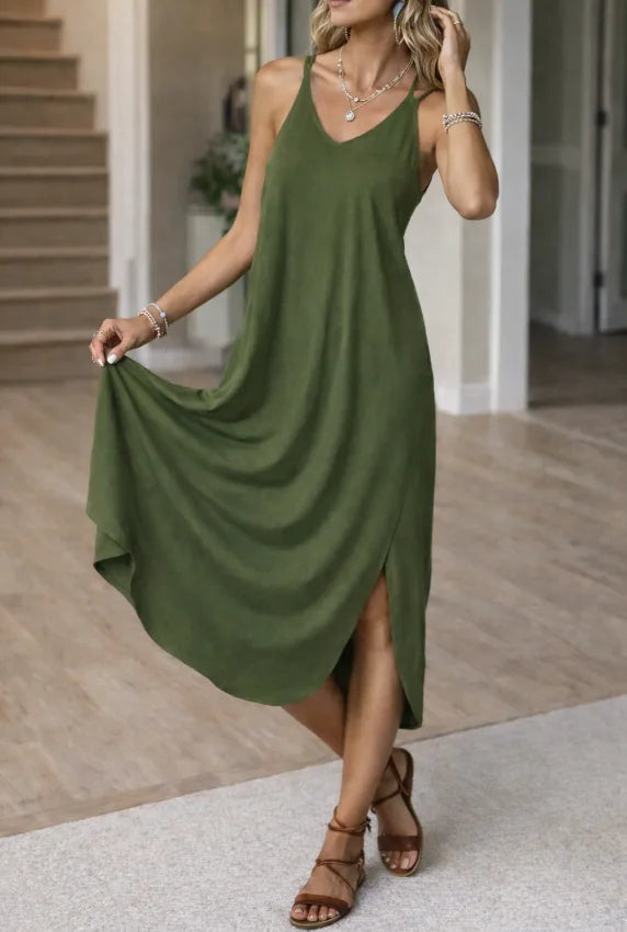 Women's V-Neck Spaghetti Strap Midi Dress – A-Line Side Slit Summer Dress