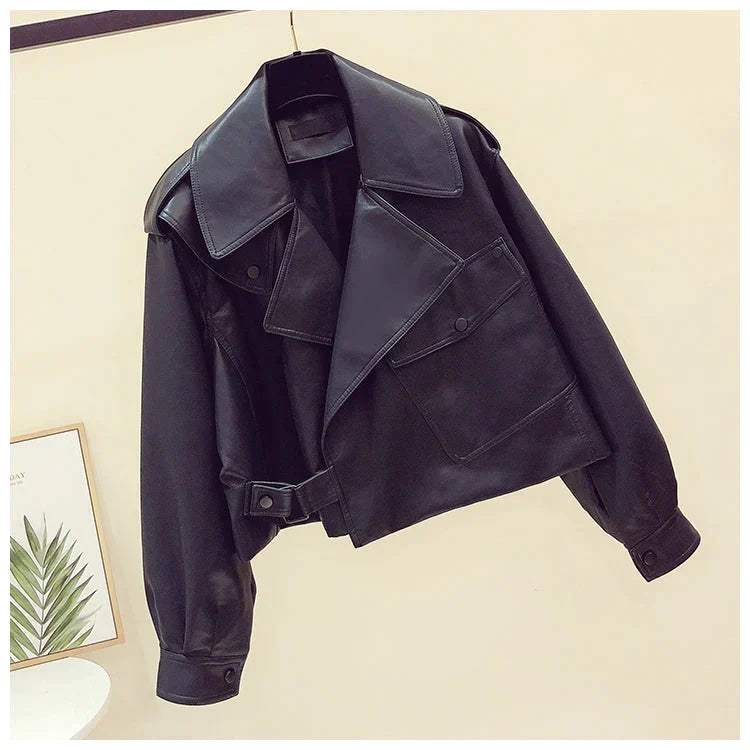 Women's Cropped Biker Jacket – Retro Faux Leather Moto Jacket