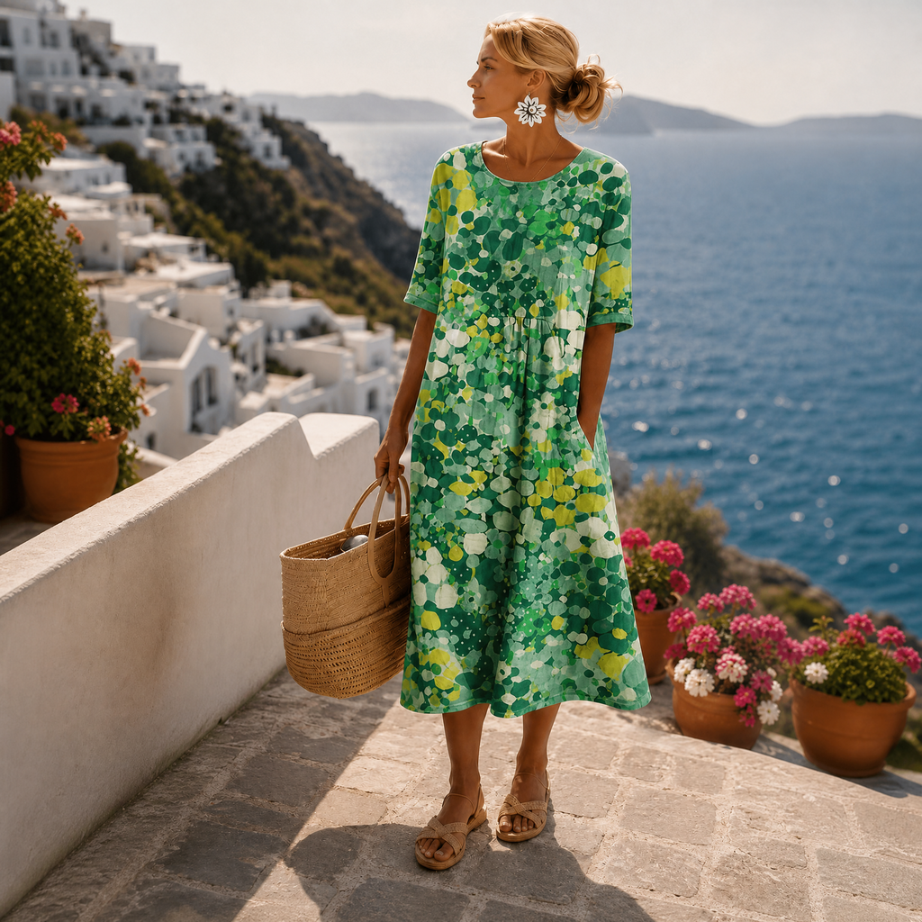 Women's Floral Summer Midi Dress – Short Sleeve Flowy Dress