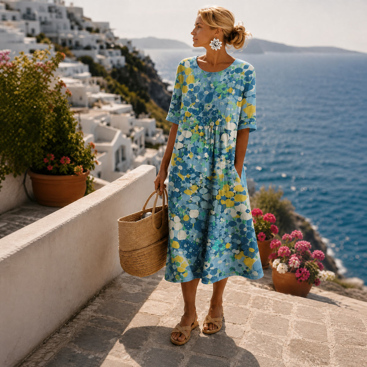 Women's Floral Summer Midi Dress – Short Sleeve Flowy Dress