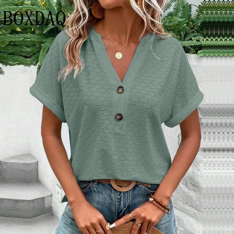 Women's V-Neck Button Blouse – Relaxed Everyday Shirt Blouse