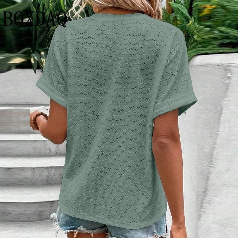 Women's V-Neck Button Blouse – Relaxed Everyday Shirt Blouse