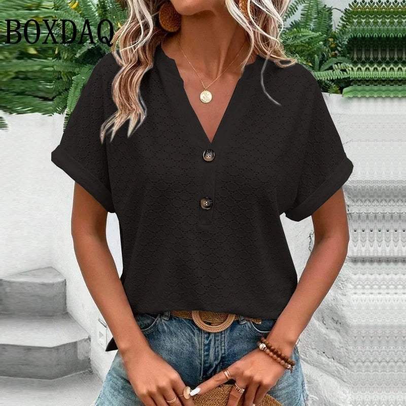 Women's V-Neck Button Blouse – Relaxed Everyday Shirt Blouse