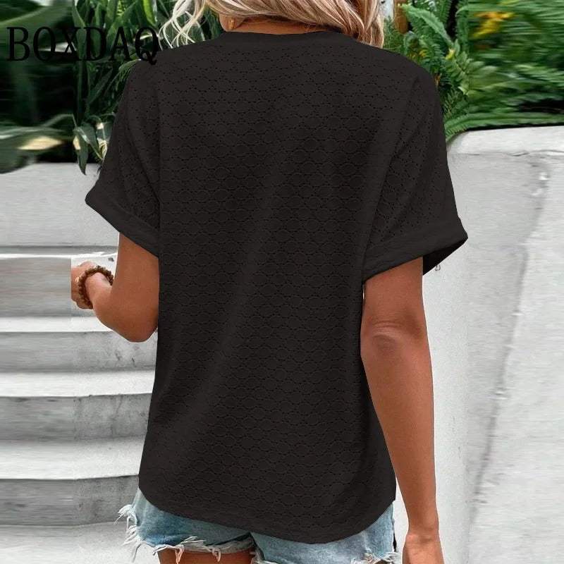 Women's V-Neck Button Blouse – Relaxed Everyday Shirt Blouse