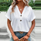 Women's V-Neck Button Blouse – Relaxed Everyday Shirt Blouse