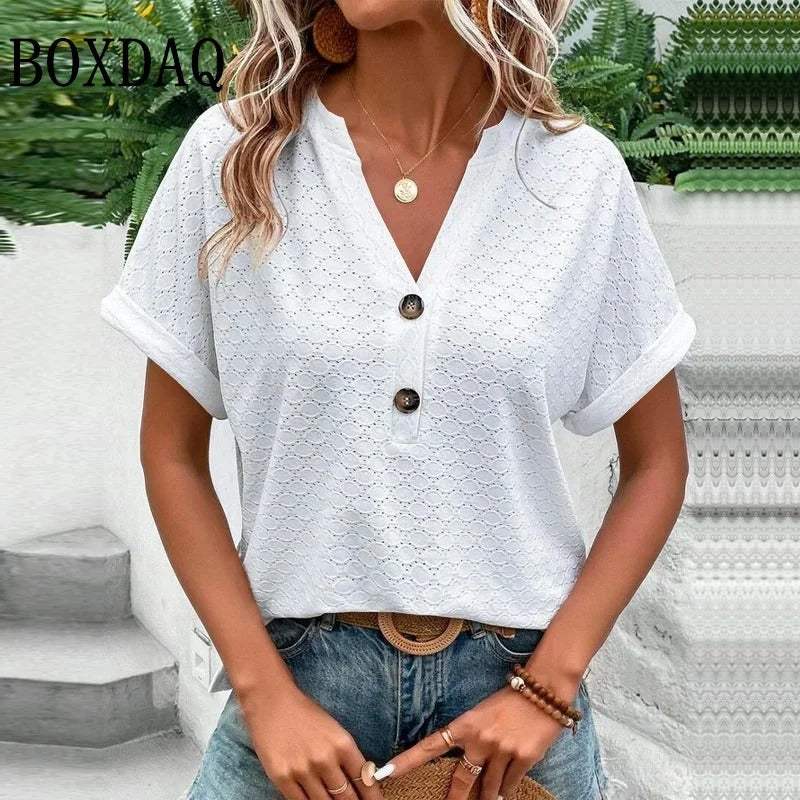 Women's V-Neck Button Blouse – Relaxed Everyday Shirt Blouse