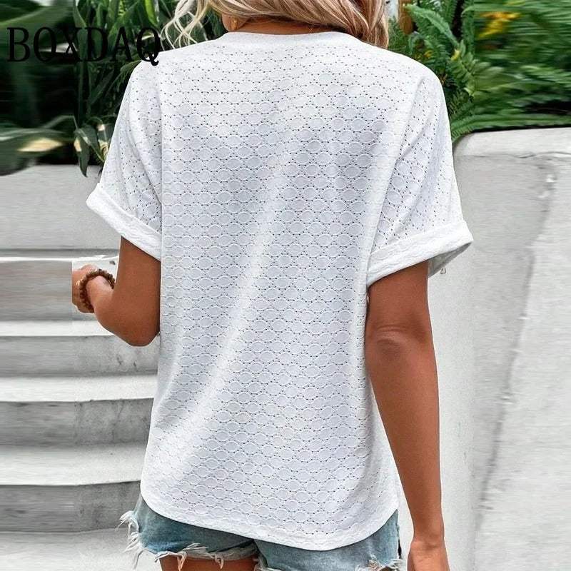 Women's V-Neck Button Blouse – Relaxed Everyday Shirt Blouse