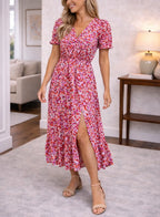 Women's Floral Side Slit Midi Dress – V-Neck Short Sleeve Tiered Dress