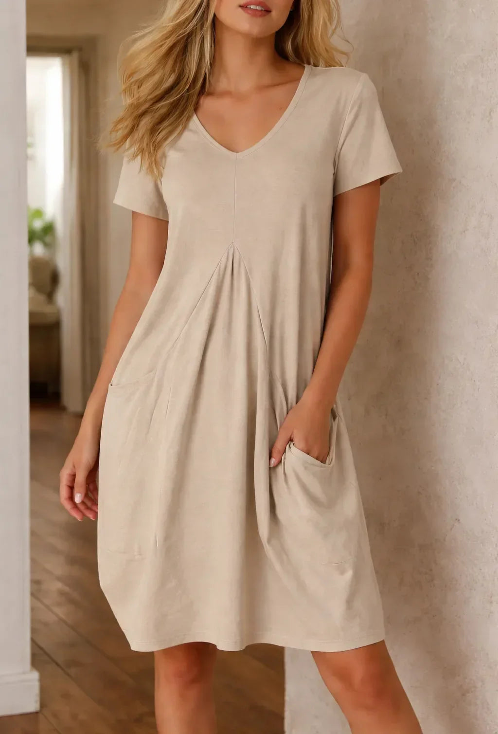 Women's V-Neck Knee Length Dress – Casual A-Line Pocket Dress