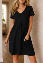 Women's V-Neck Knee Length Dress – Casual A-Line Pocket Dress