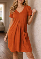 Women's V-Neck Knee Length Dress – Casual A-Line Pocket Dress