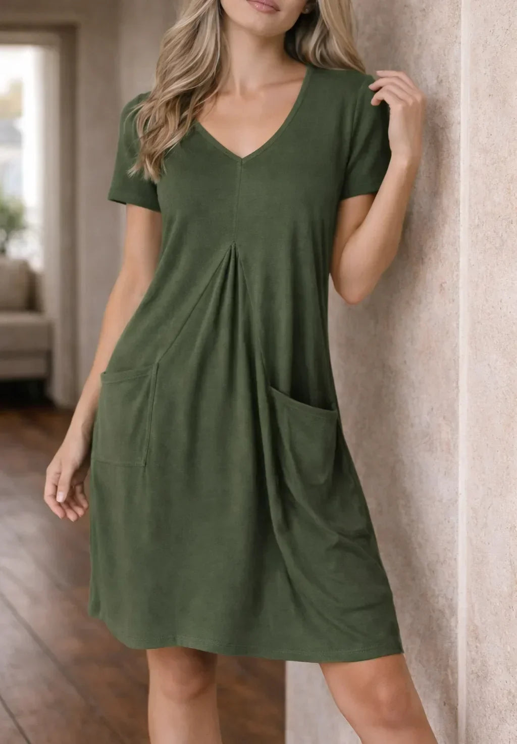 Women's V-Neck Knee Length Dress – Casual A-Line Pocket Dress