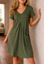 Women's V-Neck Knee Length Dress – Casual A-Line Pocket Dress