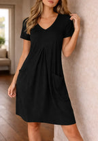 Women's V-Neck Knee Length Dress – Casual A-Line Pocket Dress