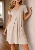 Women's V-Neck Knee Length Dress – Casual A-Line Pocket Dress