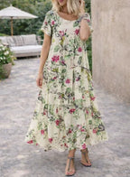 Women's Floral Tiered Summer Maxi Dress – Short Sleeve Round Neck Dress