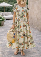 Women's Floral Tiered Summer Maxi Dress – Short Sleeve Round Neck Dress