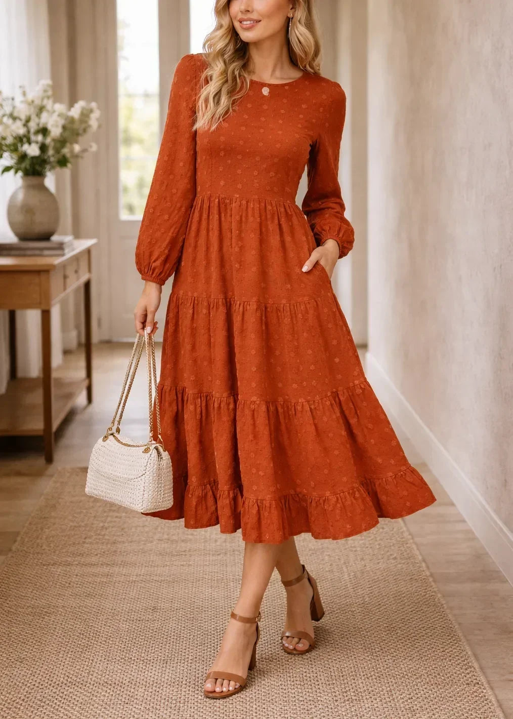 Women's Long Bishop Sleeve Midi Dress – Tiered Ruffle Hem Dress