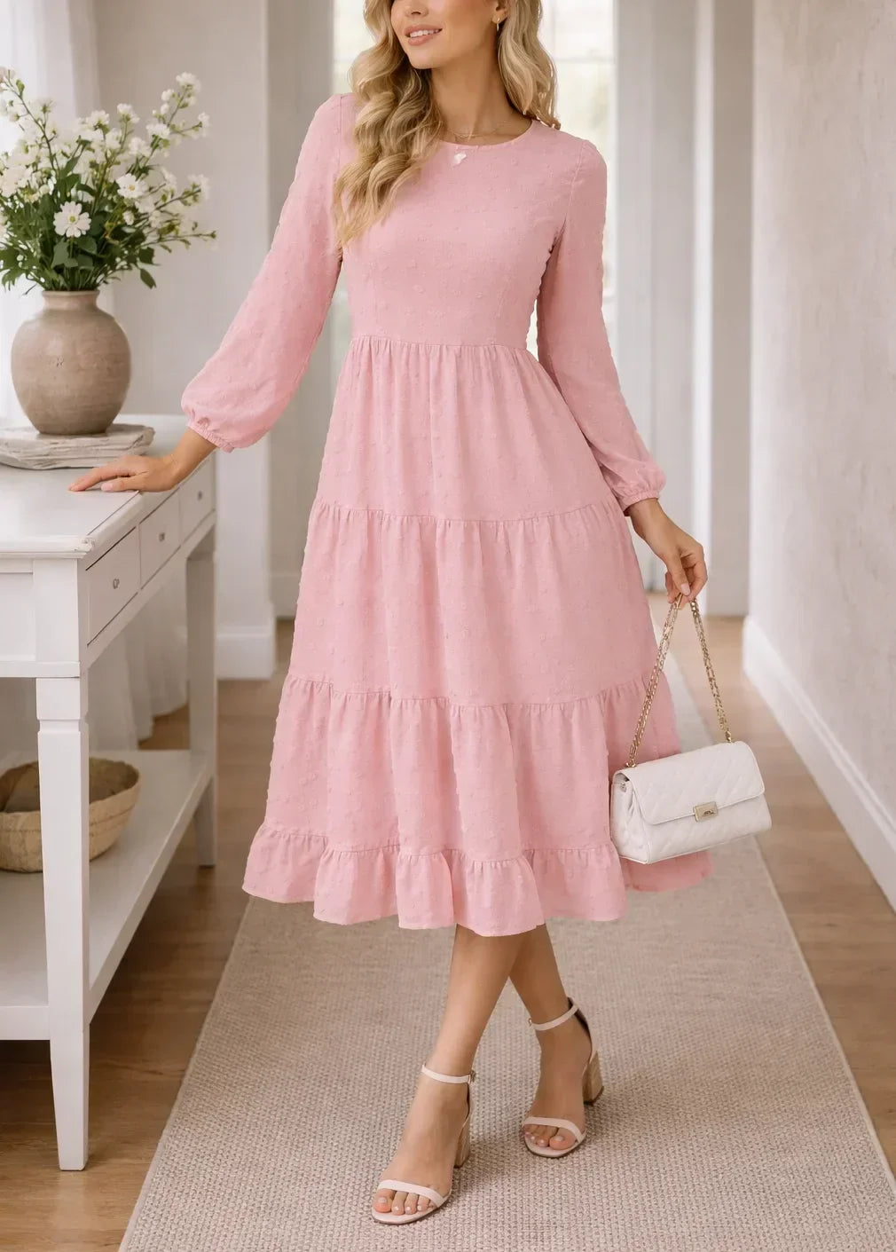 Women's Long Bishop Sleeve Midi Dress – Tiered Ruffle Hem Dress