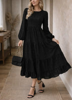 Women's Long Bishop Sleeve Midi Dress – Tiered Ruffle Hem Dress