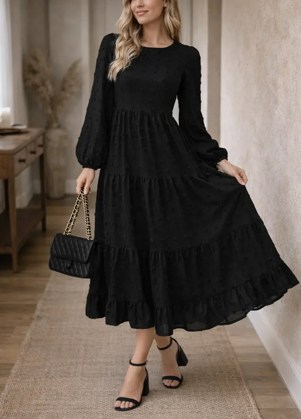Women's Long Bishop Sleeve Midi Dress – Tiered Ruffle Hem Dress