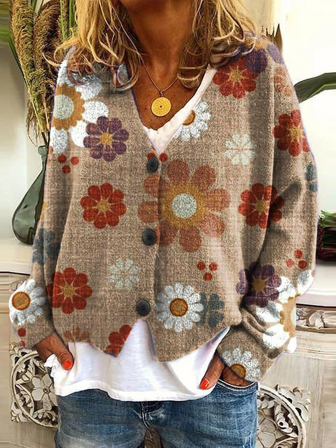 Women's Printed Boho Cardigan – V-Neck Button Front Cardigan