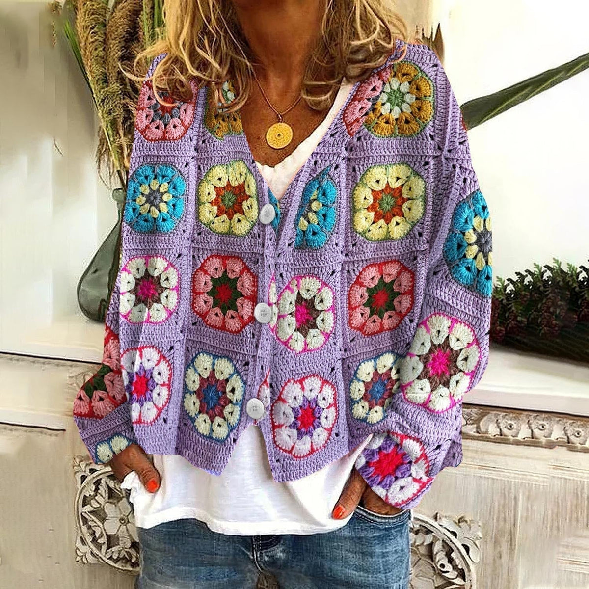 Women's Printed Boho Cardigan – V-Neck Button Front Cardigan