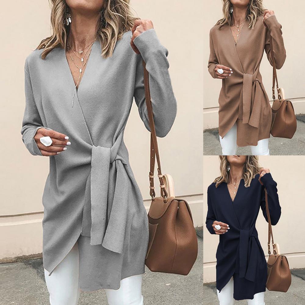 Women's V-Neck Wrap Cardigan – Tie Waist Long Sleeve Cardigan