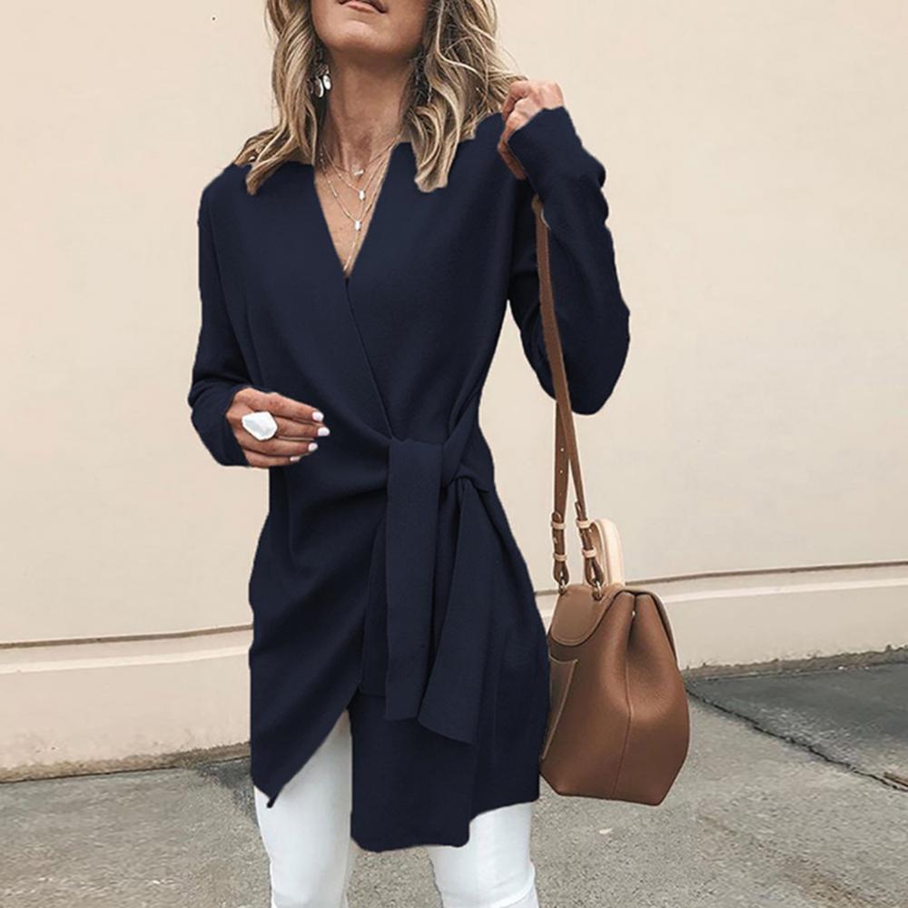 Women's V-Neck Wrap Cardigan – Tie Waist Long Sleeve Cardigan
