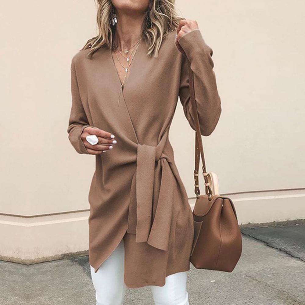 Women's V-Neck Wrap Cardigan – Tie Waist Long Sleeve Cardigan