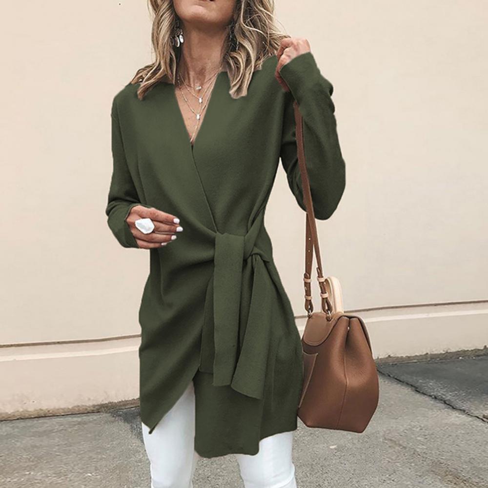 Women's V-Neck Wrap Cardigan – Tie Waist Long Sleeve Cardigan
