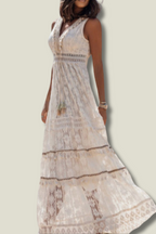 Women's Boho Tassel Maxi Dress – Sleeveless V-Neck Flowy Long Dress