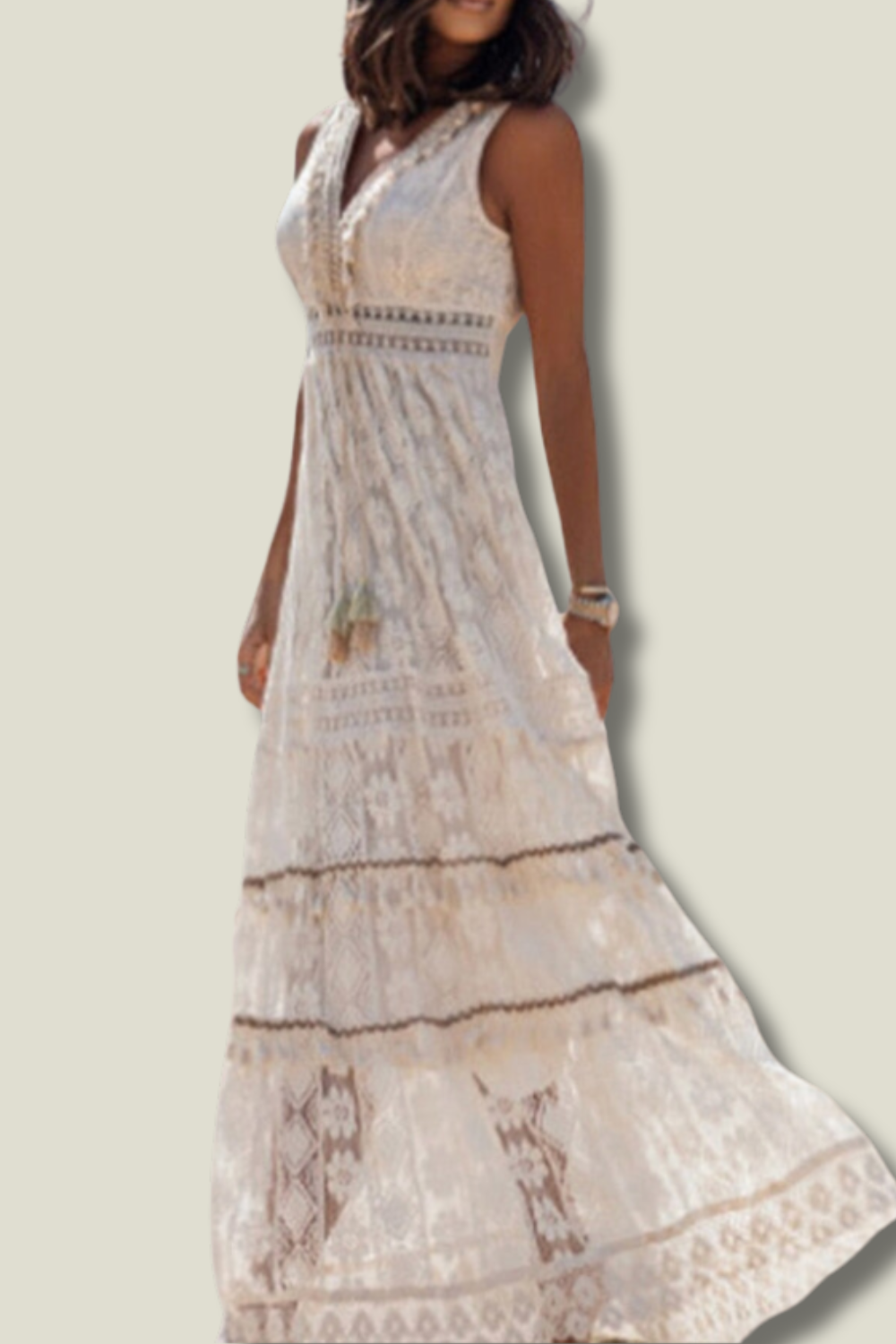 Women's Boho Tassel Maxi Dress – Sleeveless V-Neck Flowy Long Dress