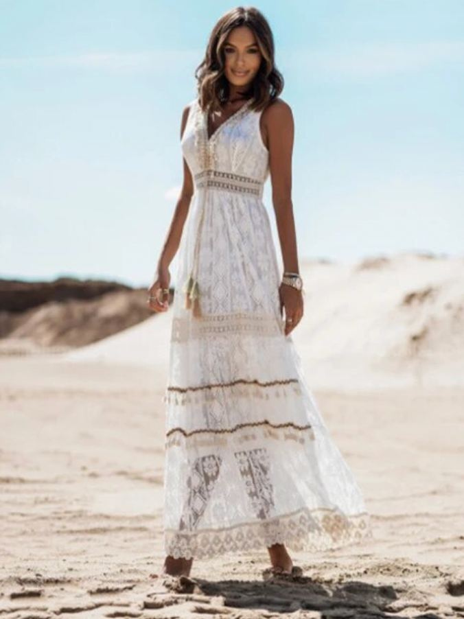 Women's Boho Tassel Maxi Dress – Sleeveless V-Neck Flowy Long Dress