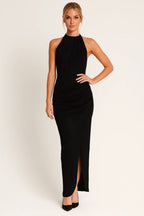 Women's Pleated Halter Midi Dress – Open Back Cocktail Occasion Dress