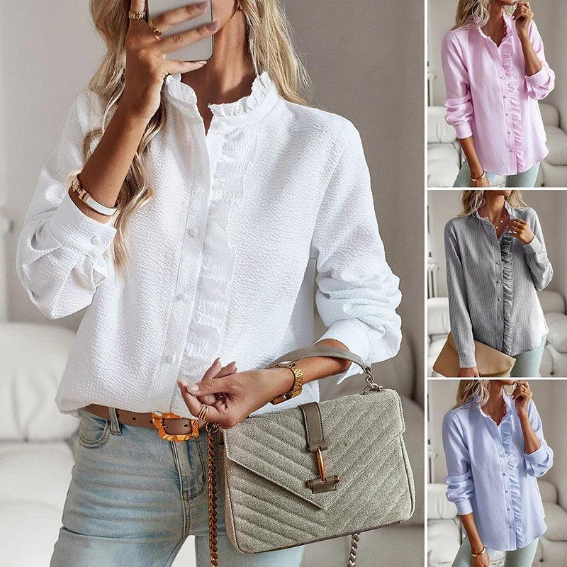 Women's Ruffle Sleeve Blouse – Textured Long Sleeve Dress Blouse