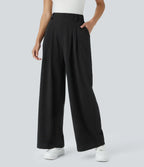 Women's High Waisted Four Pocket Pants – Elastic Waist Wide Leg Trousers