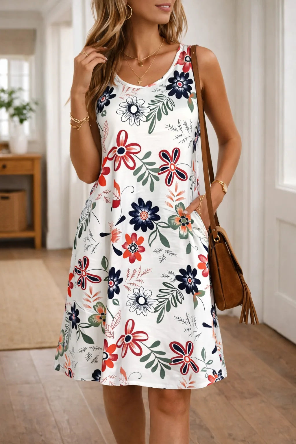 Women's Floral Pocket Midi Dress – Sleeveless Round Neck A-Line Dress