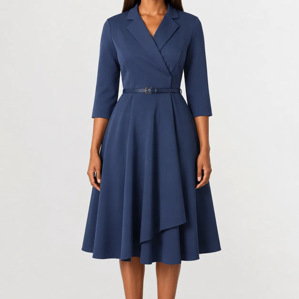 Women's Three Quarter Sleeve A-Line Dress – V-Neck Belted Casual Dress