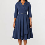 Women's Three Quarter Sleeve A-Line Dress – V-Neck Belted Casual Dress