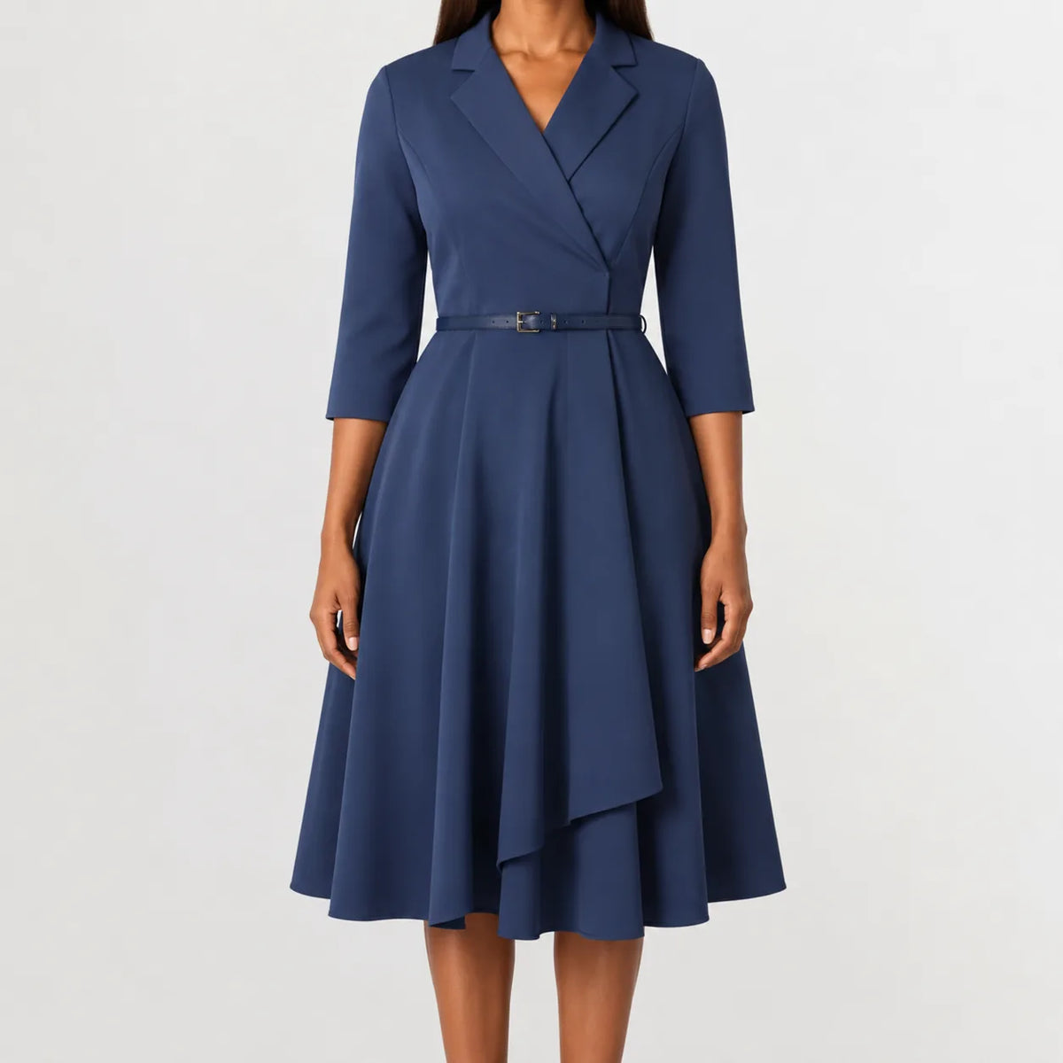 Women's Three Quarter Sleeve A-Line Dress – V-Neck Belted Casual Dress