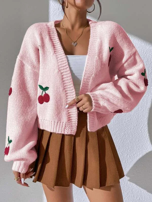 Women's Cherry Print Cardigan – Lightweight Button Front Cardigan