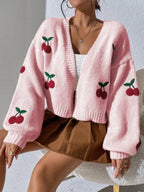 Women's Cherry Print Cardigan – Lightweight Button Front Cardigan