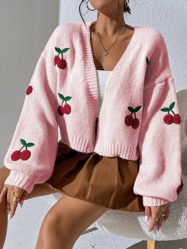 Women's Cherry Print Cardigan – Lightweight Button Front Cardigan