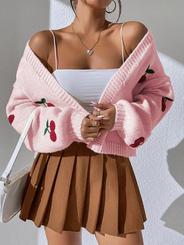 Women's Cherry Print Cardigan – Lightweight Button Front Cardigan