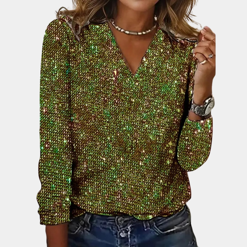Women's Glitter Sequin Party Blouse – V-Neck Sparkly Evening Blouse
